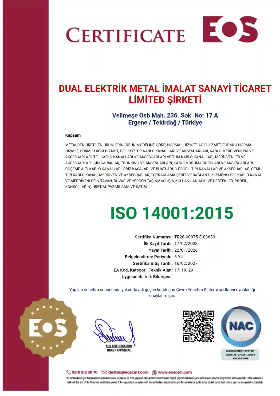 Dual Metal ISO 14001 Sertifikası