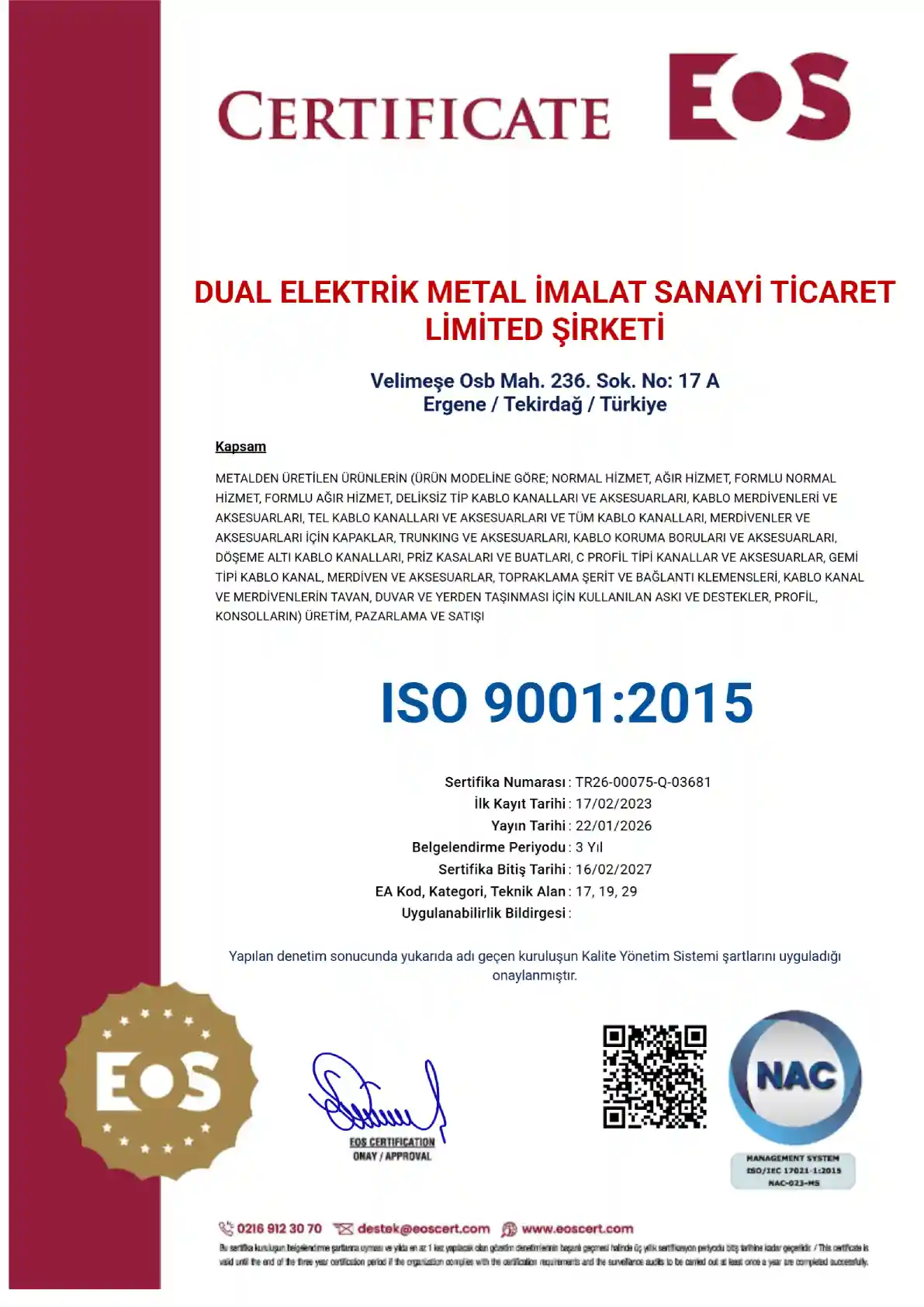 Dual Metal ISO 9001 Sertifikası