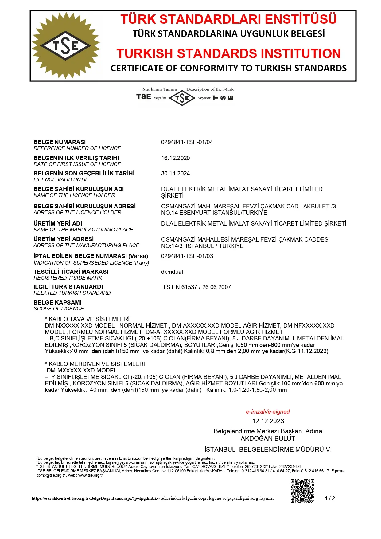 Dual Metal TSE Sertifikası