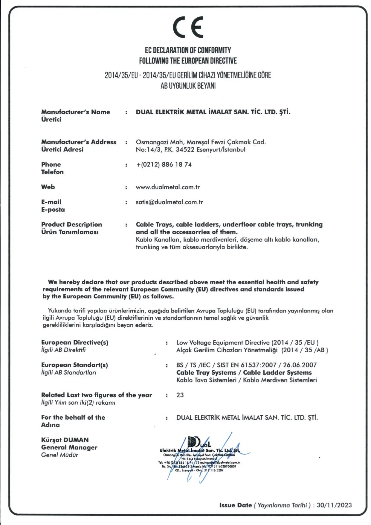 Dual Metal CE Sertifika